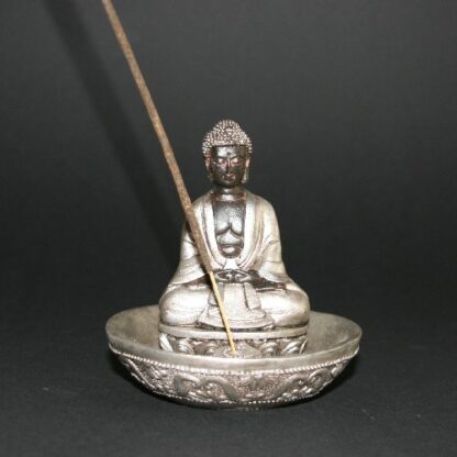 Japanse Boeddha zittend wierookhouder, polystone, zilver 10cm